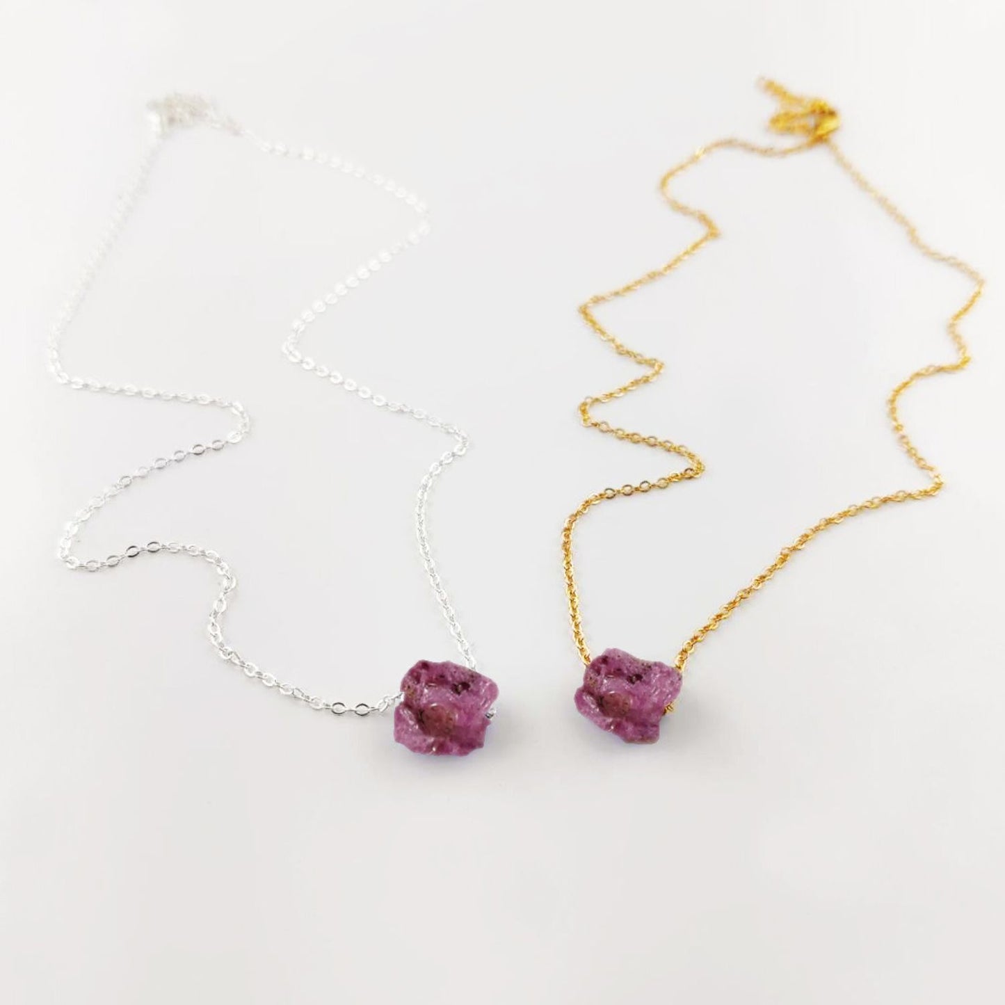 Raw Red Ruby Necklace with Silver Plated Chain Natural Gemstone Jewelry