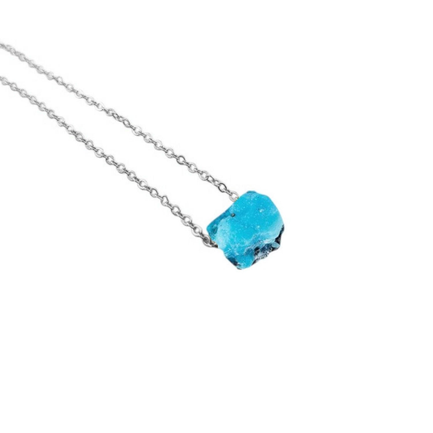 Natural raw blue turquoise gemstone necklace with silver plated adjustable chain