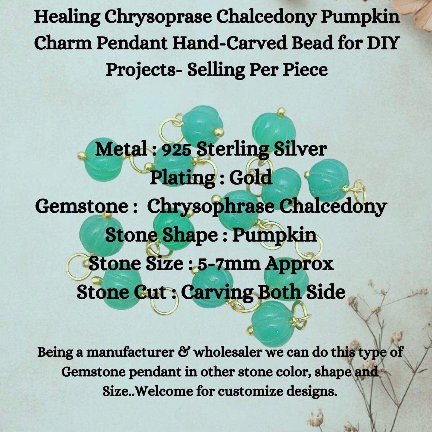 Healing Chrysoprase Chalcedony Pumpkin Charm Pendant Hand-Carved Bead for DIY Projects- Selling Per Piece