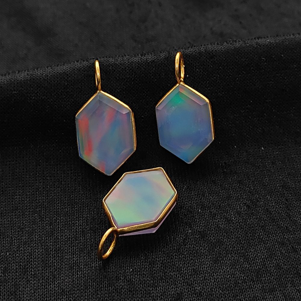 Hexagon Opal Crystal Charm Gold Plated Bezel Pendant for Unique Handmade Jewelry- Selling Per Piece