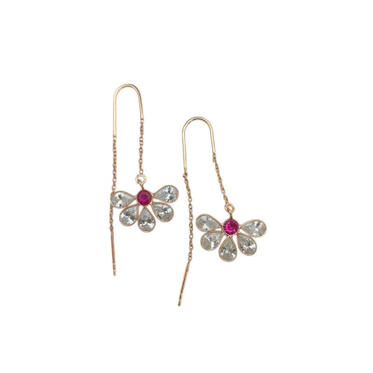 Rose Gold Threader Earrings Hot Pink and Clear CZ Pear Drops Dainty Sterling Silver Earrings Gift