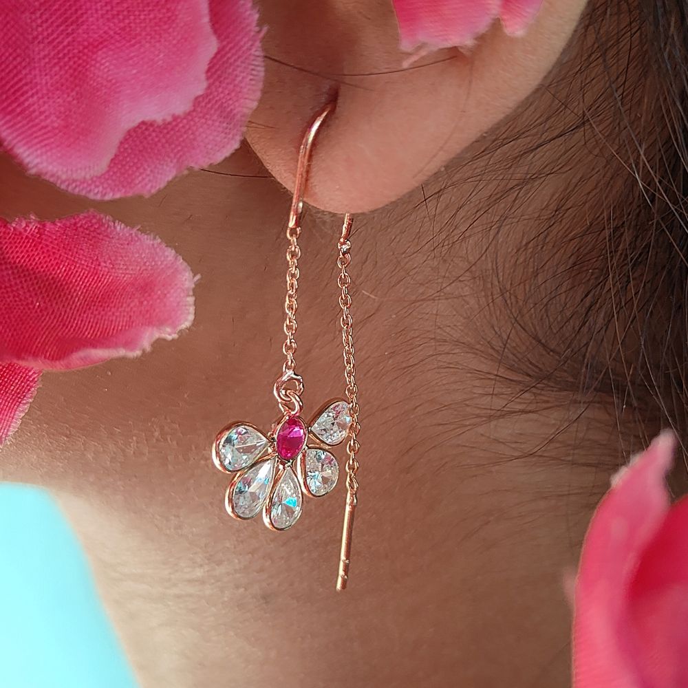 Dainty Hot Pink and Clear CZ Earrings Rose Gold Threader Style Sterling Silver Drop Jewelry Gift