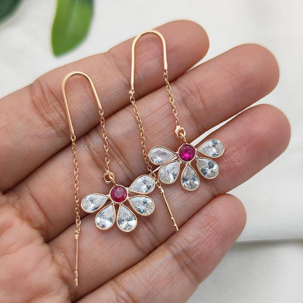 Elegant Threader Earrings Pink and Clear CZ Dainty Rose Gold Drop Sterling Silver Jewelry Gift