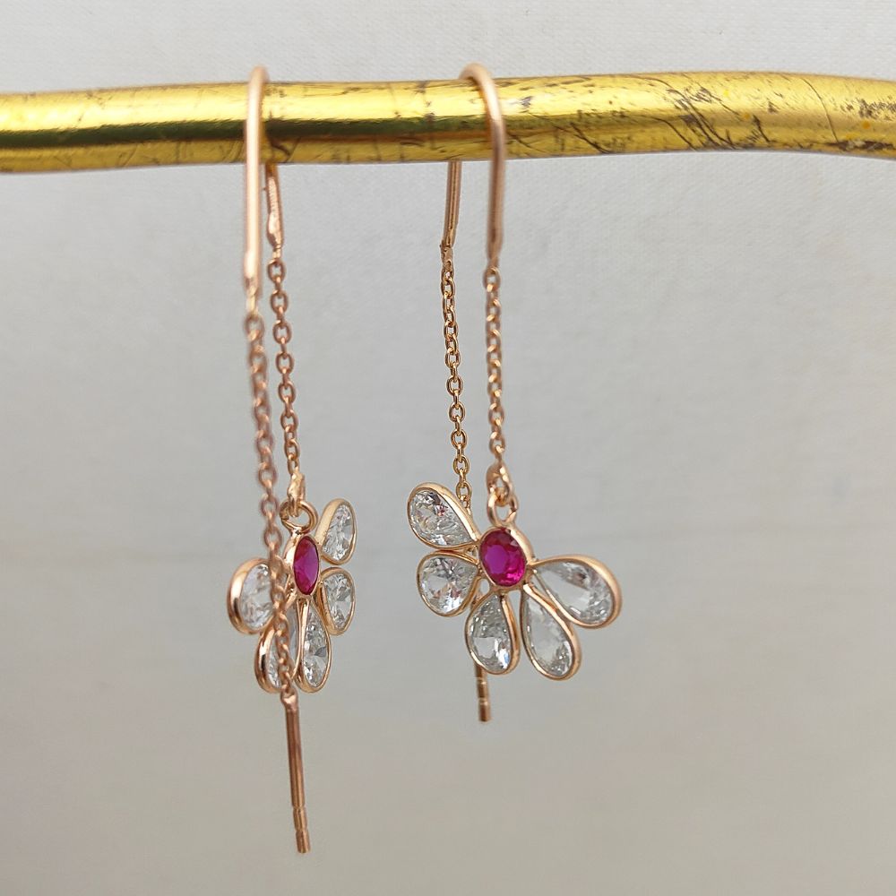 Hot Pink & Clear Cubic Zirconia Earrings Rose Gold Threaders Pear Drop Sterling Silver Jewelry