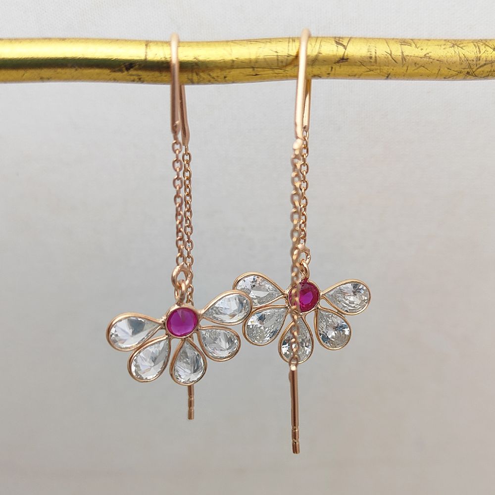 Minimalist CZ Threader Earrings Hot Pink & Clear Drop Rose Gold Sterling Silver Handmade Jewelry