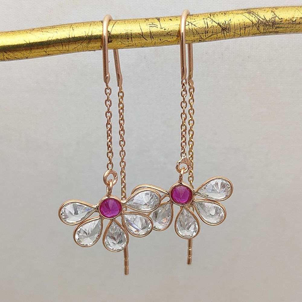 Pear Cut CZ Drop Earrings Hot Pink & Clear Stones Rose Gold Threaders Dainty Sterling Silver Jewelry