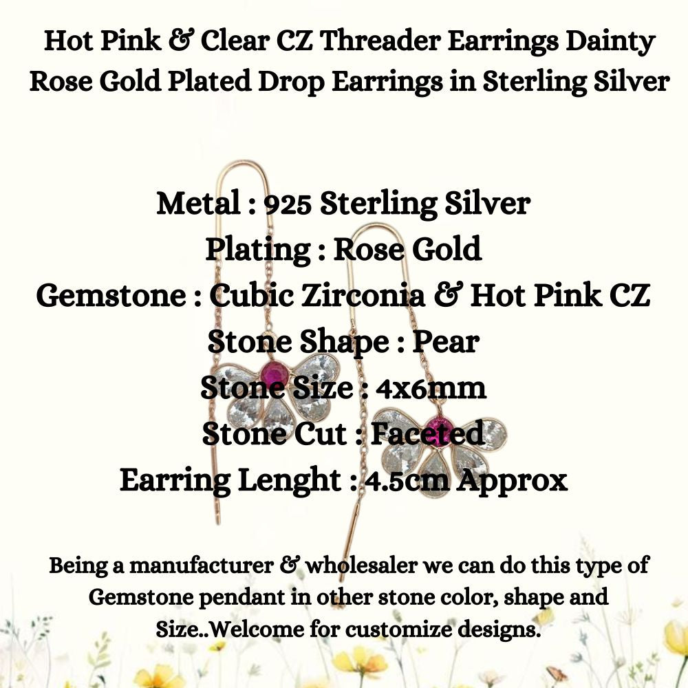 Handmade Threader Earrings Pink & Clear CZ Rose Gold Plated Sterling Silver Dainty Drop Earrings