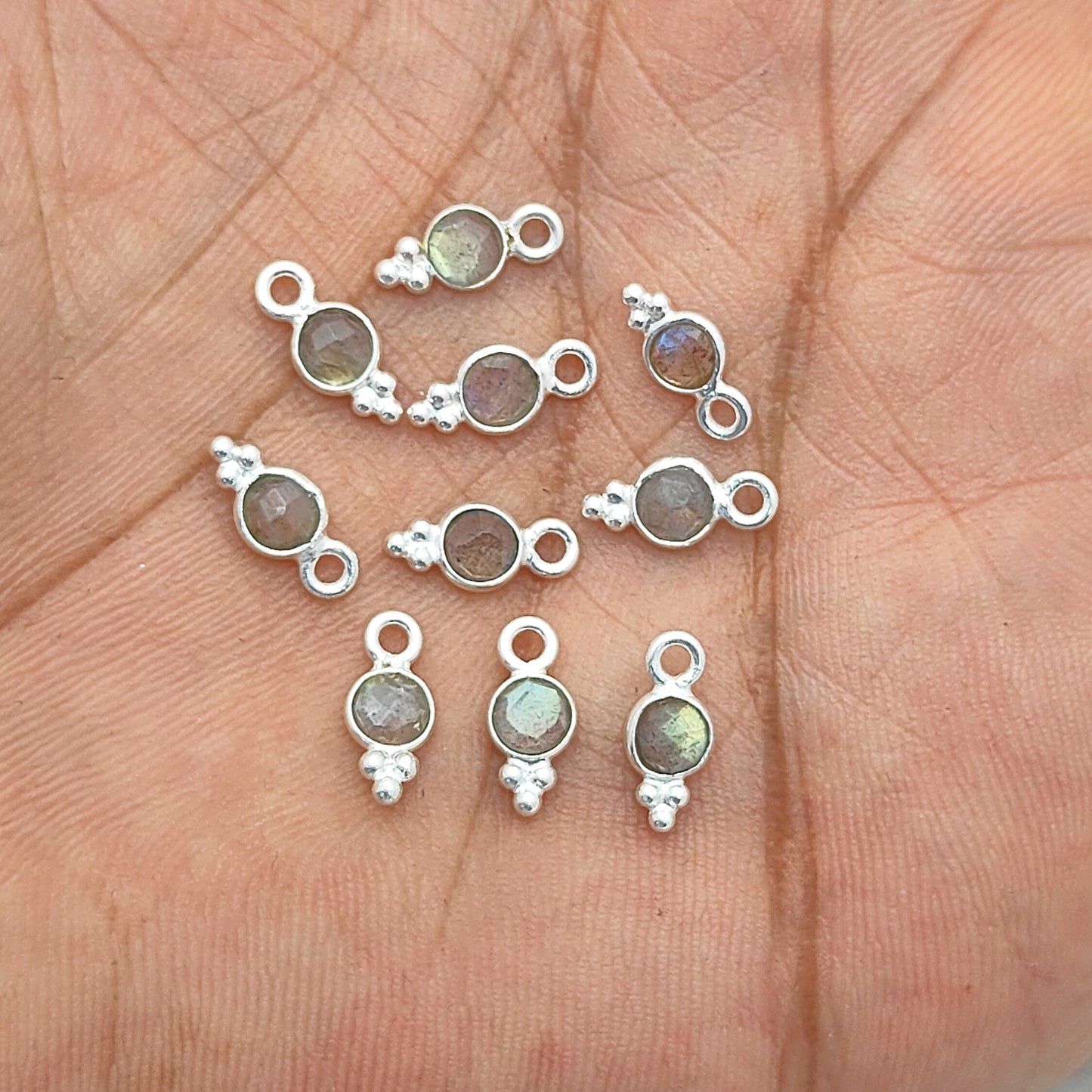 Round 4mm Labradorite Pendant Bezel-Set Silver Charm for DIY