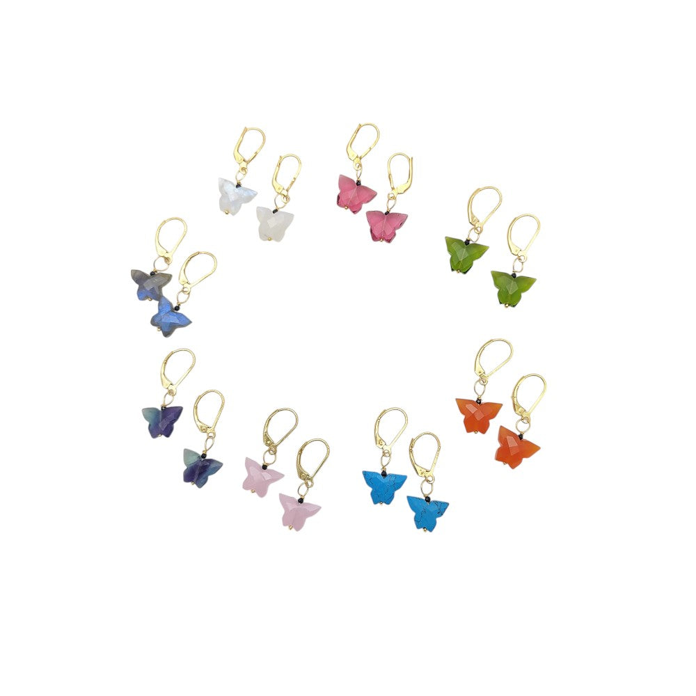 Handcrafted Multi-Gemstone Butterfly Earrings Gold Plated Sterling Silver Boho Danglers- Selling Per Piece