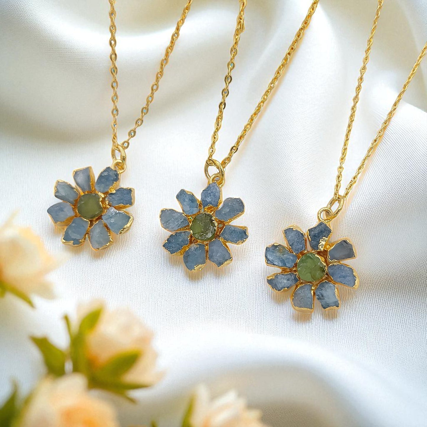 Natural Aquamarine and Peridot Crystal Necklace Raw Gemstone Flower Pendant Unique Gift Jewelry- Selling Per Piece