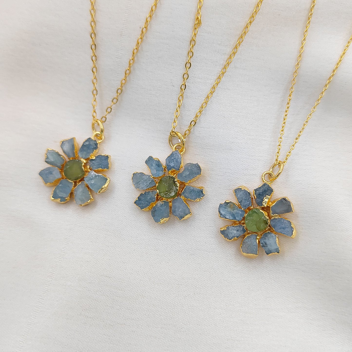 Natural Aquamarine and Peridot Crystal Necklace Raw Gemstone Flower Pendant Unique Gift Jewelry- Selling Per Piece