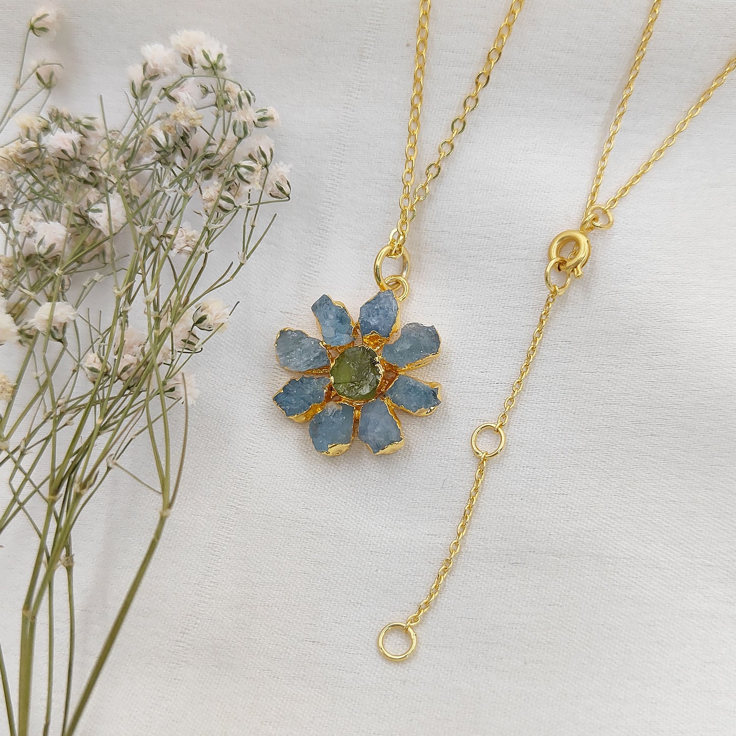 Natural Aquamarine and Peridot Crystal Necklace Raw Gemstone Flower Pendant Unique Gift Jewelry- Selling Per Piece