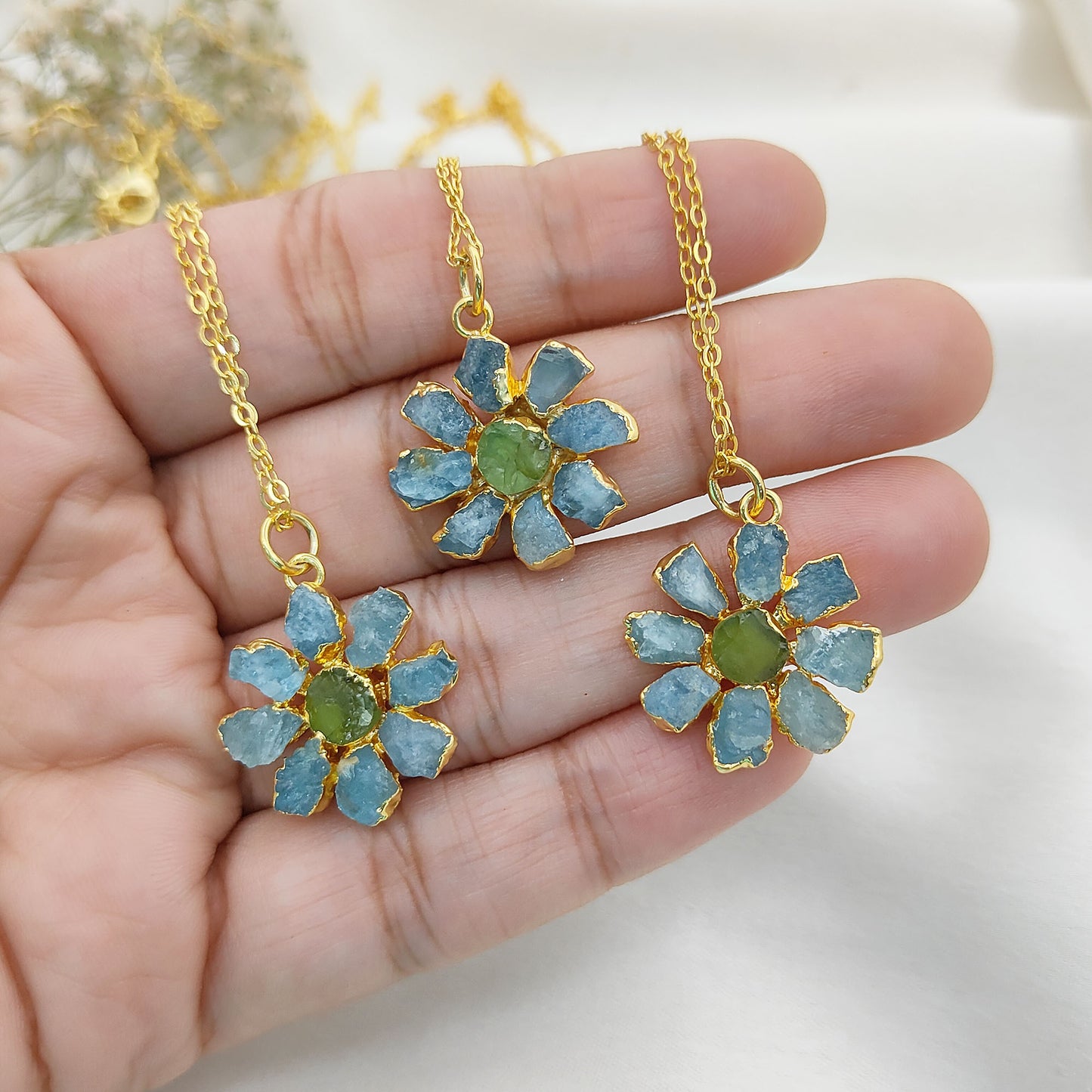 Natural Aquamarine and Peridot Crystal Necklace Raw Gemstone Flower Pendant Unique Gift Jewelry- Selling Per Piece