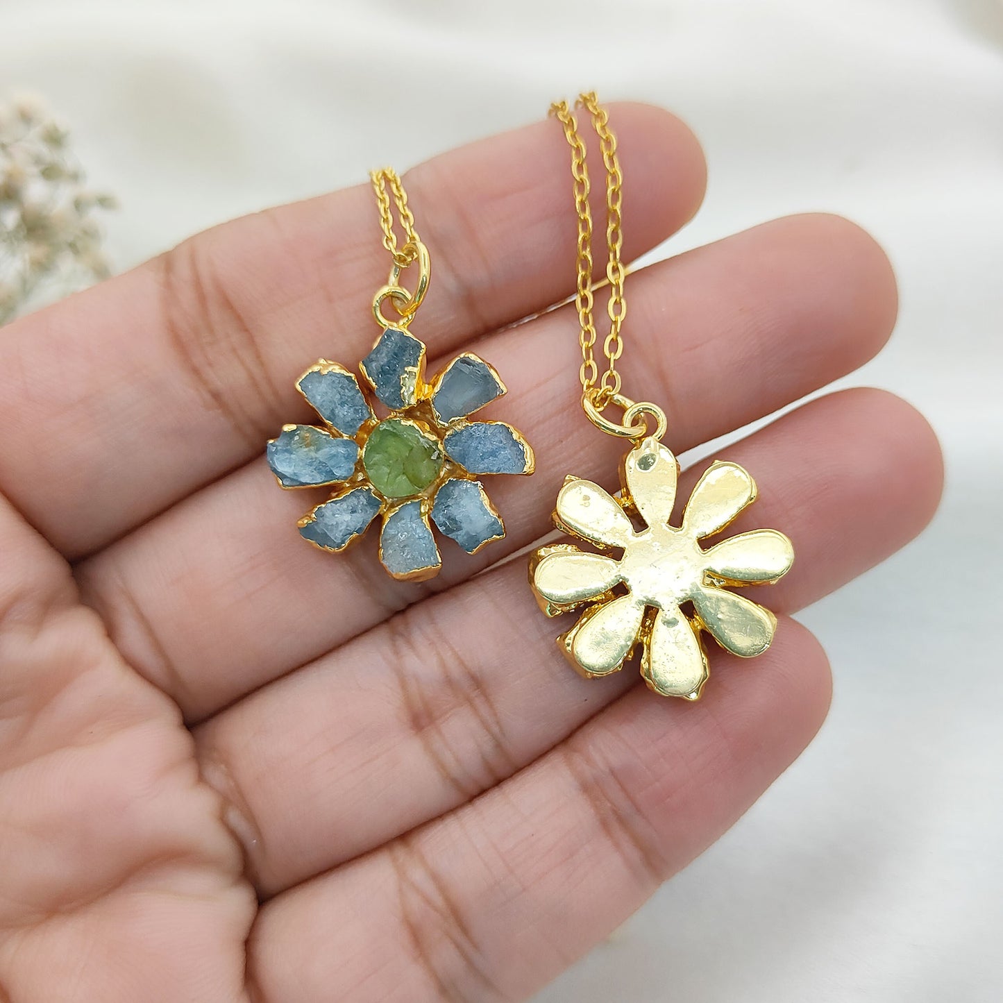 Natural Aquamarine and Peridot Crystal Necklace Raw Gemstone Flower Pendant Unique Gift Jewelry- Selling Per Piece