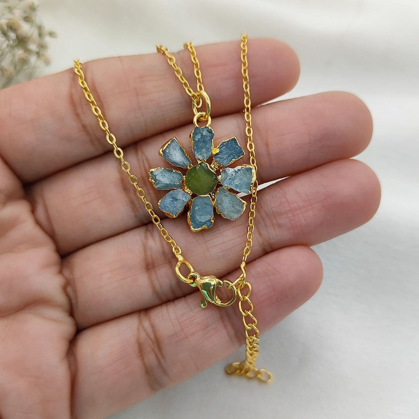 Natural Aquamarine and Peridot Crystal Necklace Raw Gemstone Flower Pendant Unique Gift Jewelry- Selling Per Piece