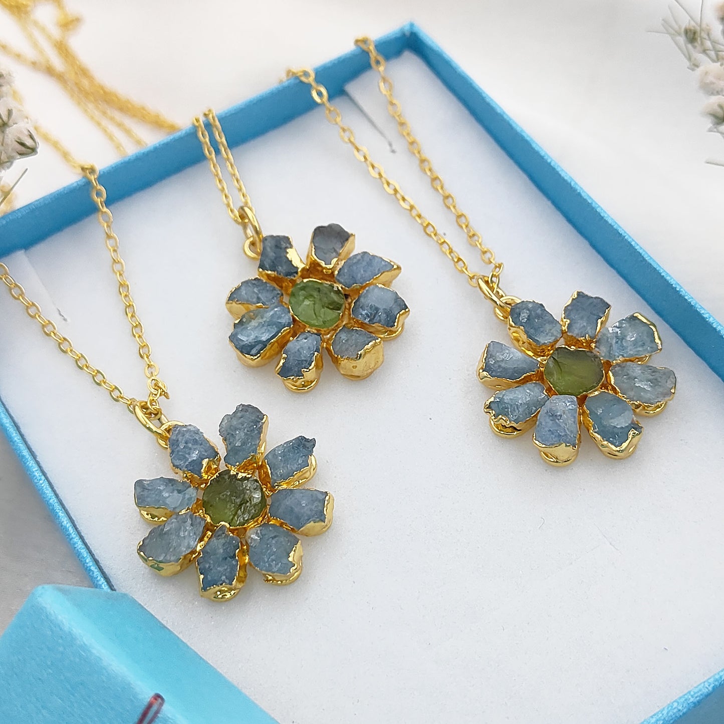 Natural Aquamarine and Peridot Crystal Necklace Raw Gemstone Flower Pendant Unique Gift Jewelry- Selling Per Piece