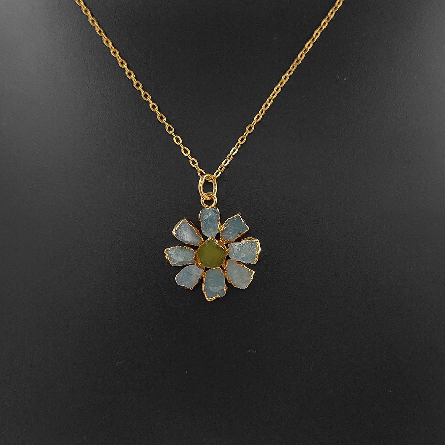 Natural Aquamarine and Peridot Crystal Necklace Raw Gemstone Flower Pendant Unique Gift Jewelry- Selling Per Piece