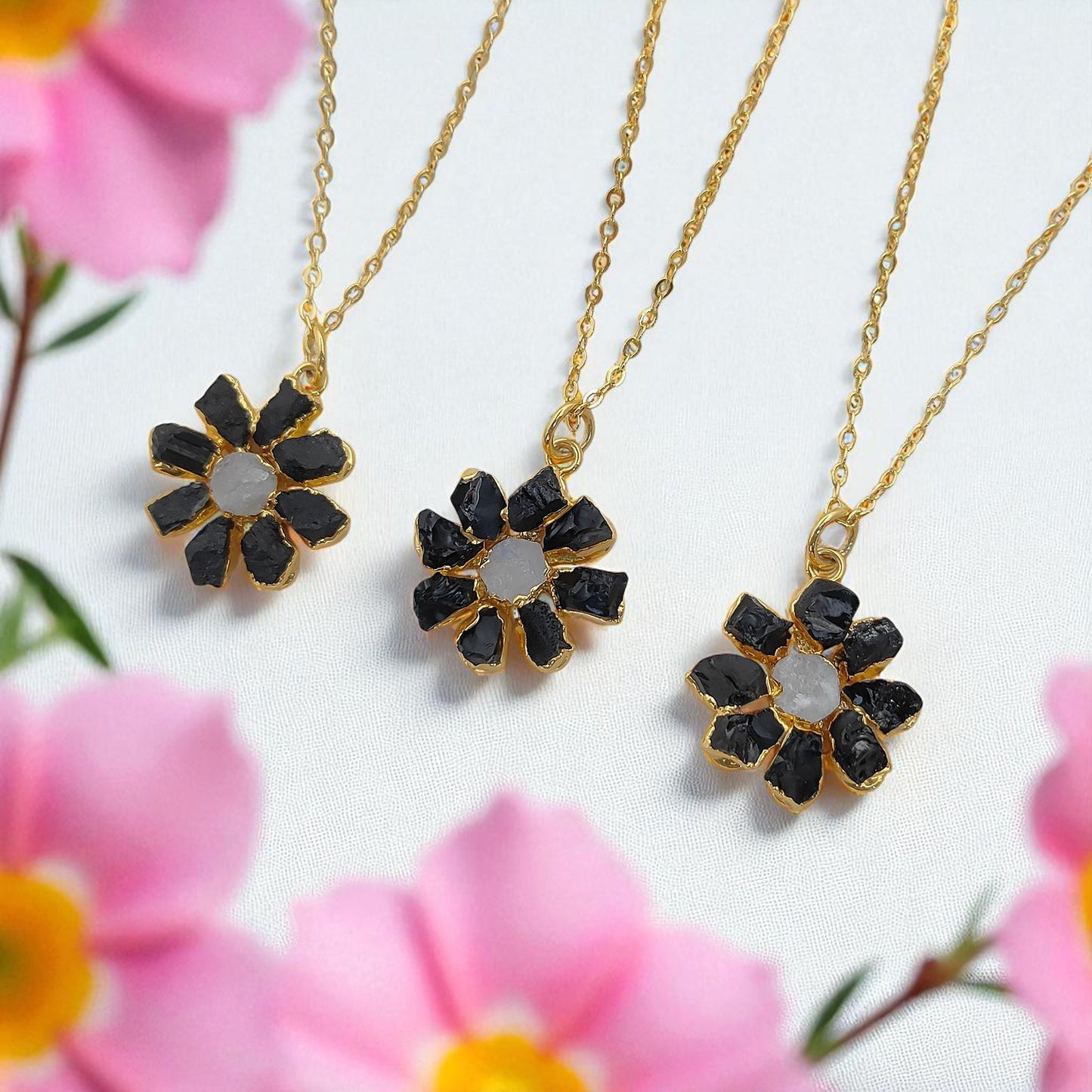 Natural Black Tourmaline Gemstone Necklace Flower Pendant with Rainbow Flash Handmade Jewelry- Selling Per Piece