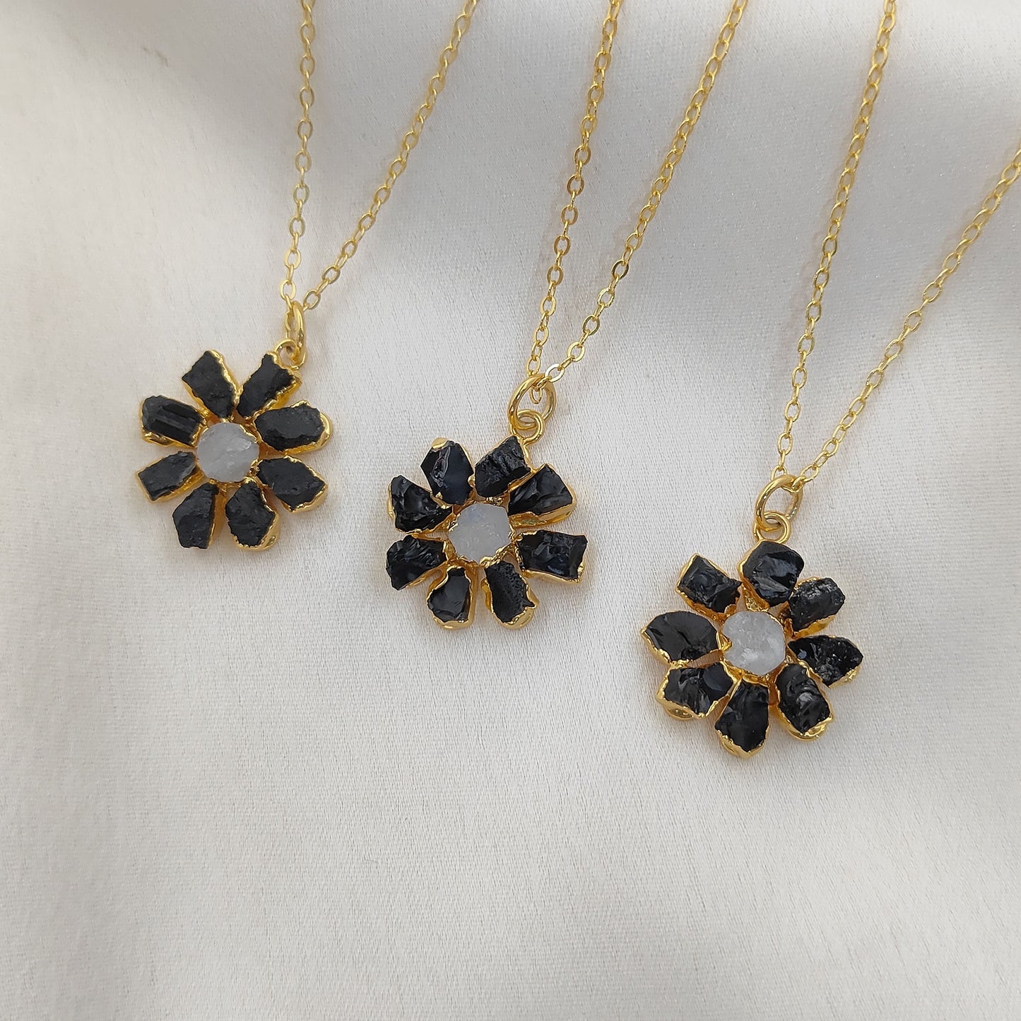 Natural Black Tourmaline Gemstone Necklace Flower Pendant with Rainbow Flash Handmade Jewelry- Selling Per Piece