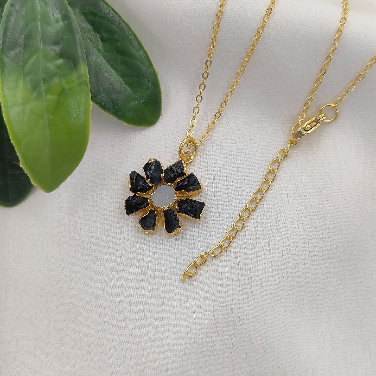 Natural Black Tourmaline Gemstone Necklace Flower Pendant with Rainbow Flash Handmade Jewelry- Selling Per Piece