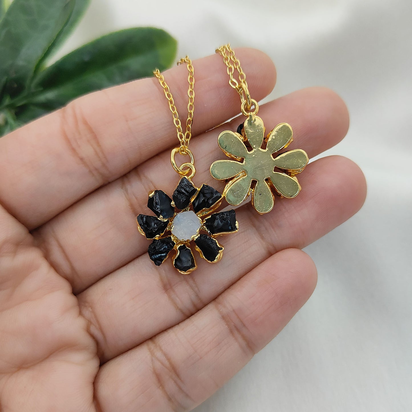 Natural Black Tourmaline Gemstone Necklace Flower Pendant with Rainbow Flash Handmade Jewelry- Selling Per Piece