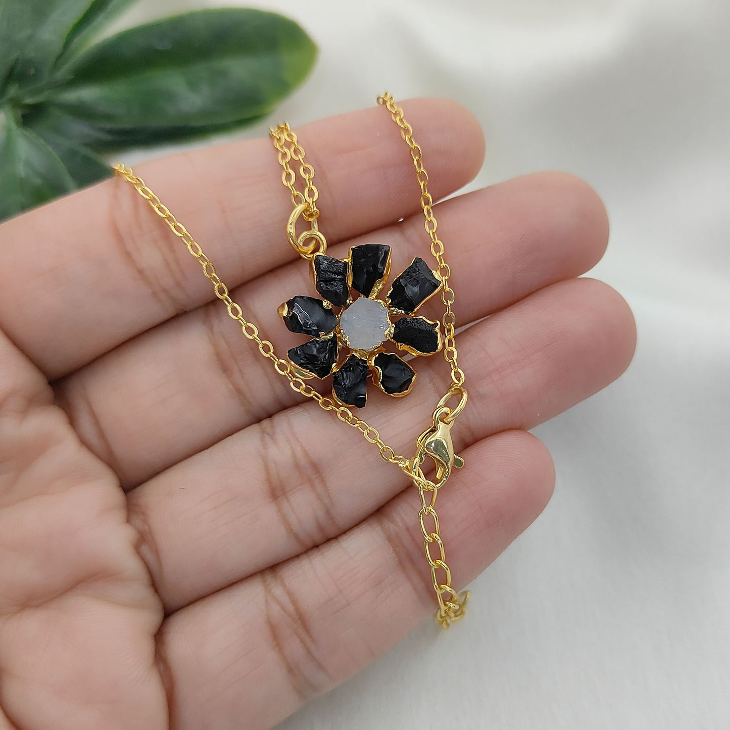 Natural Black Tourmaline Gemstone Necklace Flower Pendant with Rainbow Flash Handmade Jewelry- Selling Per Piece