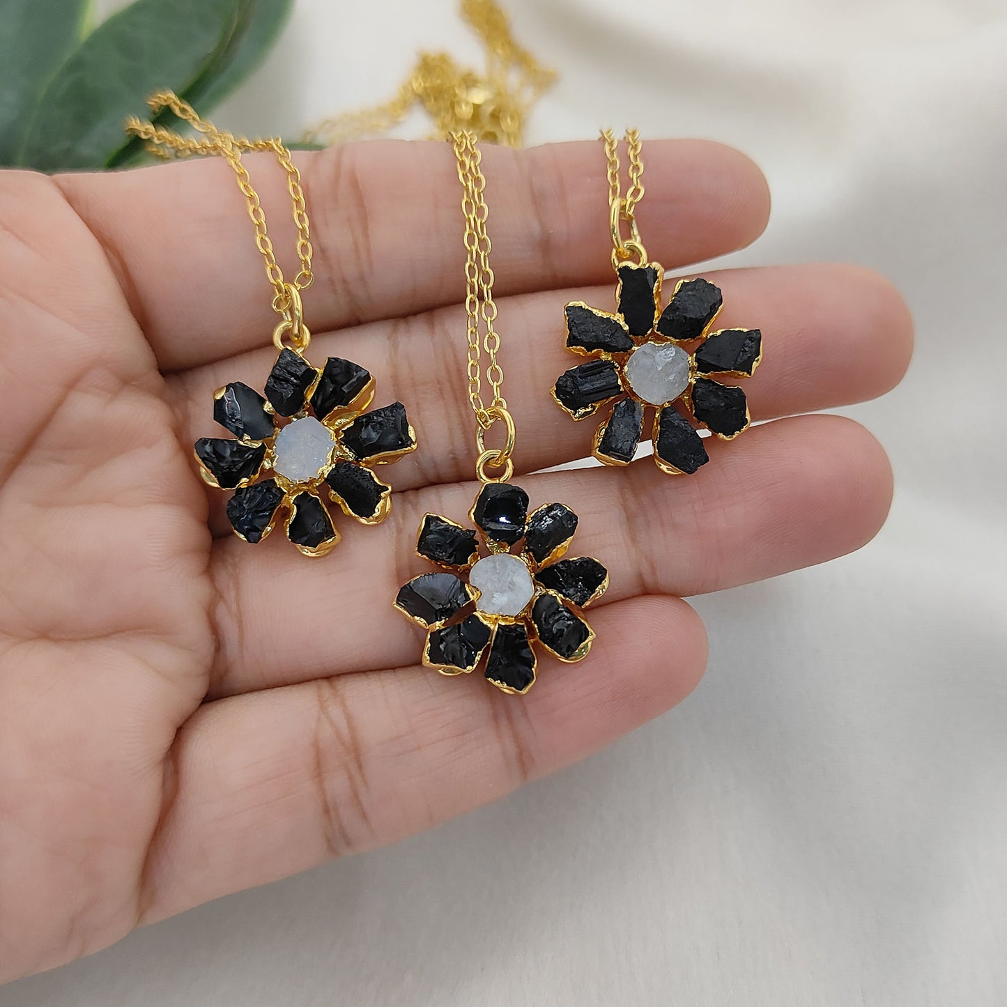 Natural Black Tourmaline Gemstone Necklace Flower Pendant with Rainbow Flash Handmade Jewelry- Selling Per Piece