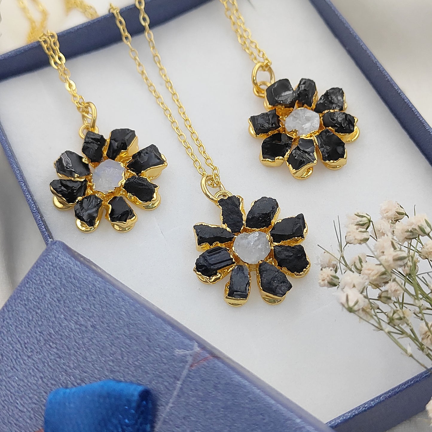 Natural Black Tourmaline Gemstone Necklace Flower Pendant with Rainbow Flash Handmade Jewelry- Selling Per Piece