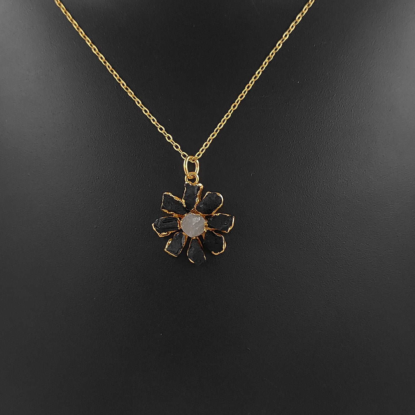Natural Black Tourmaline Gemstone Necklace Flower Pendant with Rainbow Flash Handmade Jewelry- Selling Per Piece