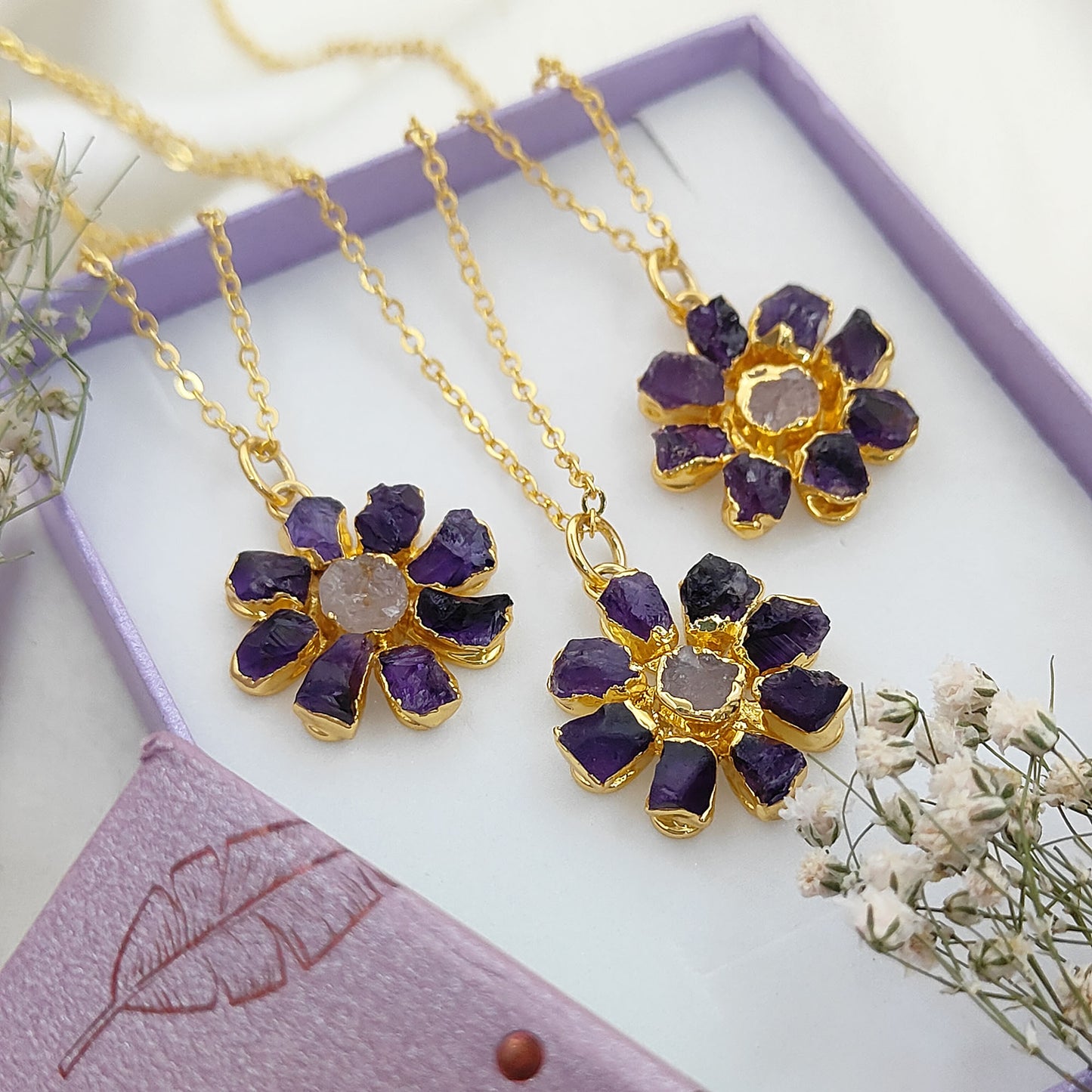 Purple Amethyst Flower Pendant Necklace Handmade Raw Gemstone Jewelry Bohemian Gift for Women- Selling Per Piece