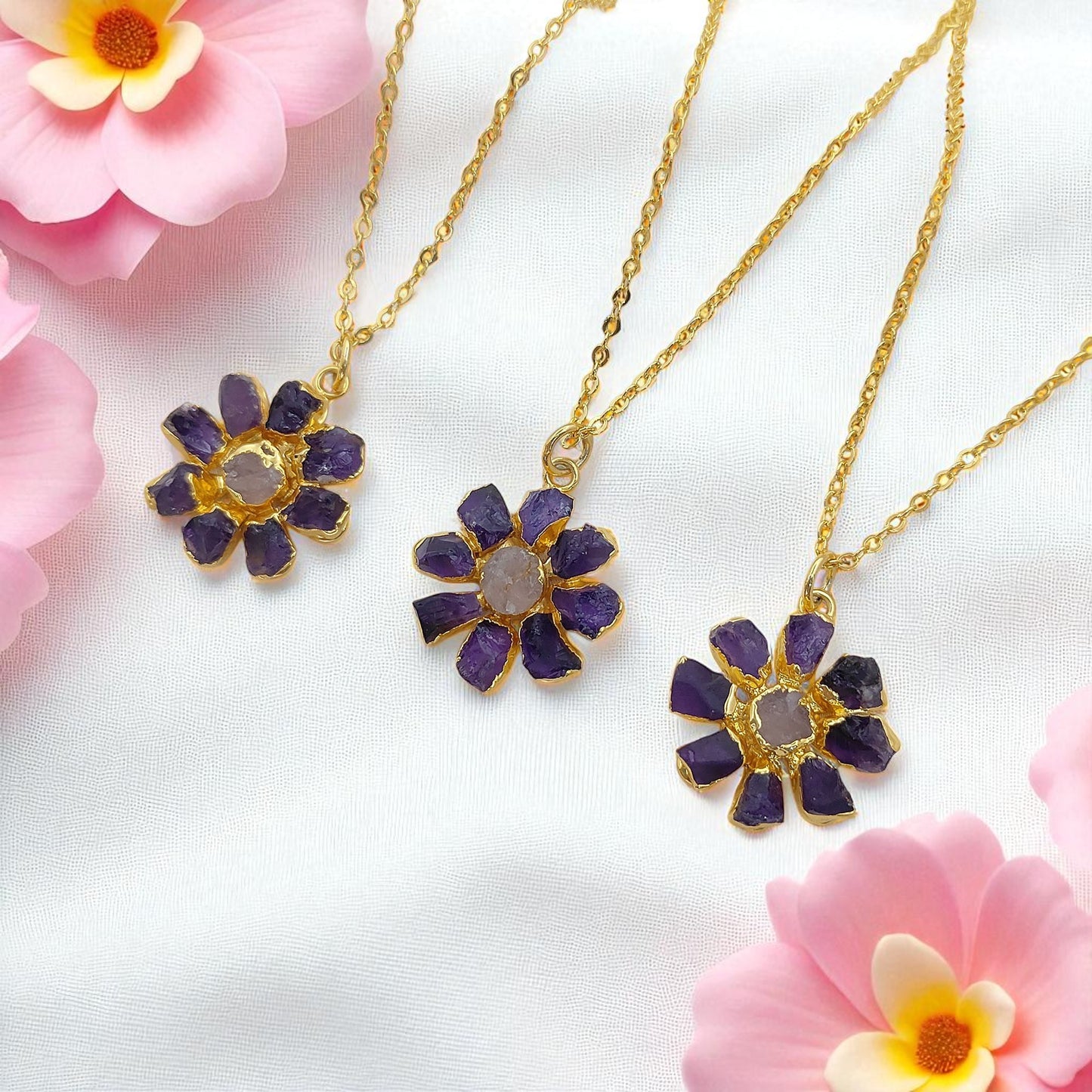 Purple Amethyst Flower Pendant Necklace Handmade Raw Gemstone Jewelry Bohemian Gift for Women- Selling Per Piece