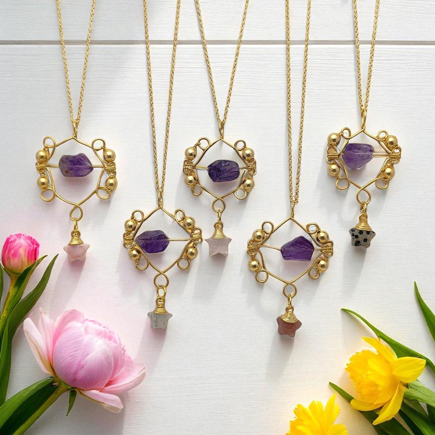 Raw Amethyst Crystal Necklace with Gold Star Charm Celestial-Inspired Bohemian Handmade Jewelry- Selling Per Piece