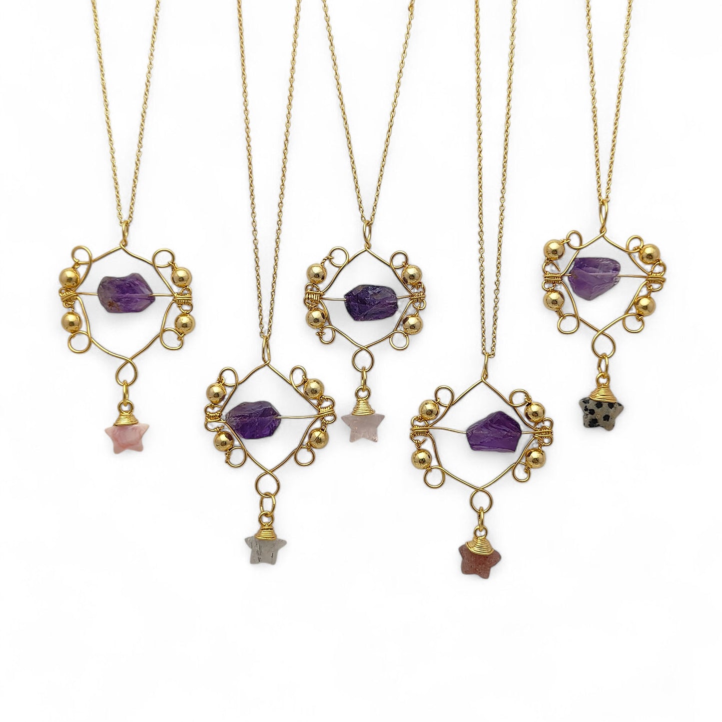 Raw Amethyst Crystal Necklace with Gold Star Charm Celestial-Inspired Bohemian Handmade Jewelry- Selling Per Piece