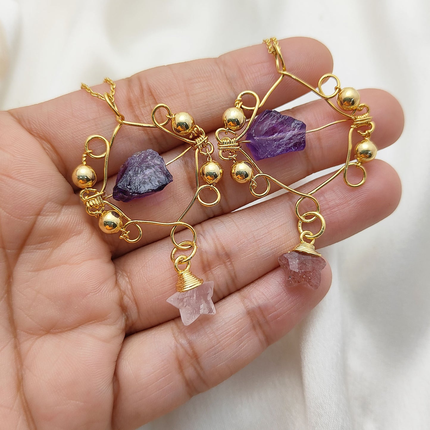 Raw Amethyst Crystal Necklace with Gold Star Charm Celestial-Inspired Bohemian Handmade Jewelry- Selling Per Piece