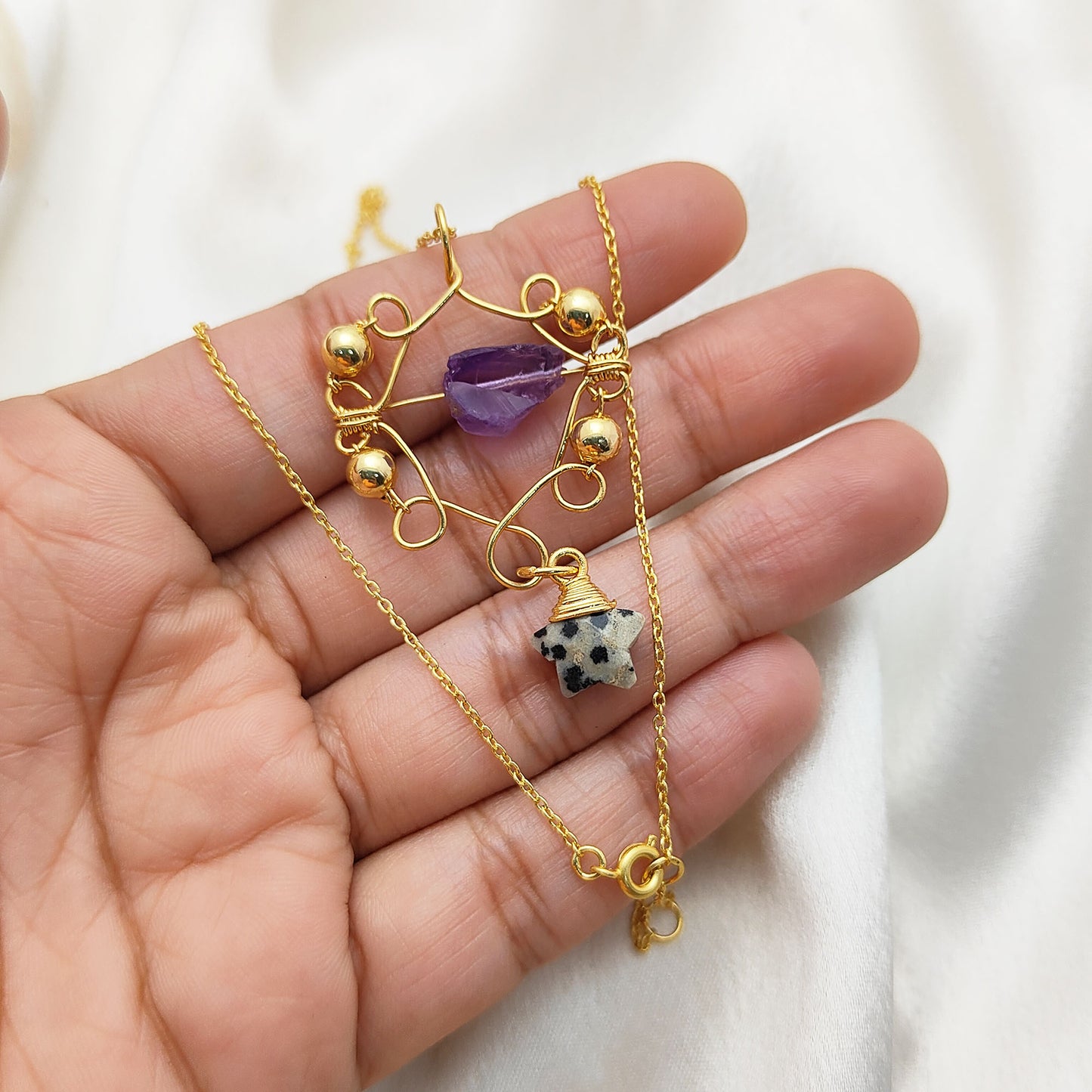 Raw Amethyst Crystal Necklace with Gold Star Charm Celestial-Inspired Bohemian Handmade Jewelry- Selling Per Piece