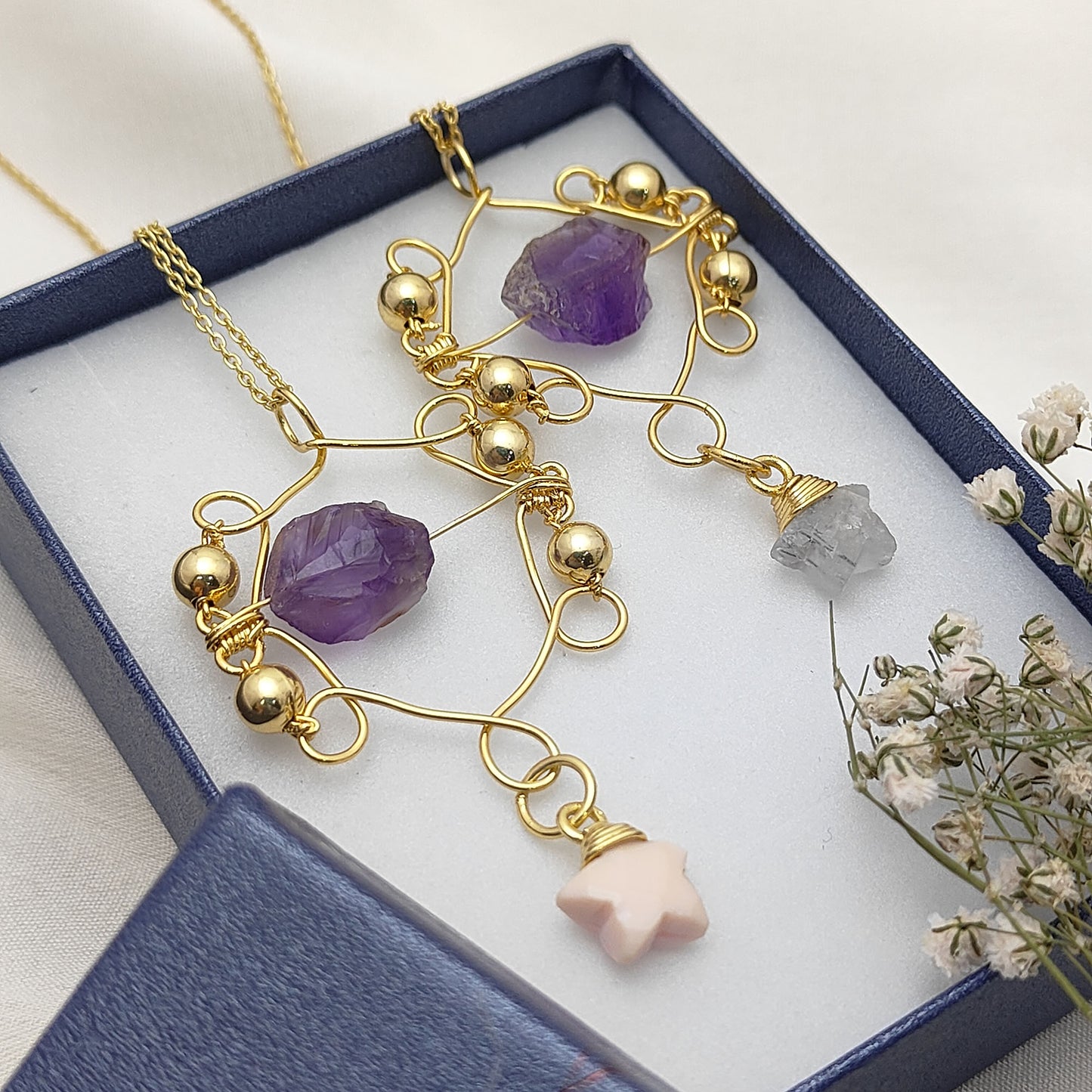 Raw Amethyst Crystal Necklace with Gold Star Charm Celestial-Inspired Bohemian Handmade Jewelry- Selling Per Piece