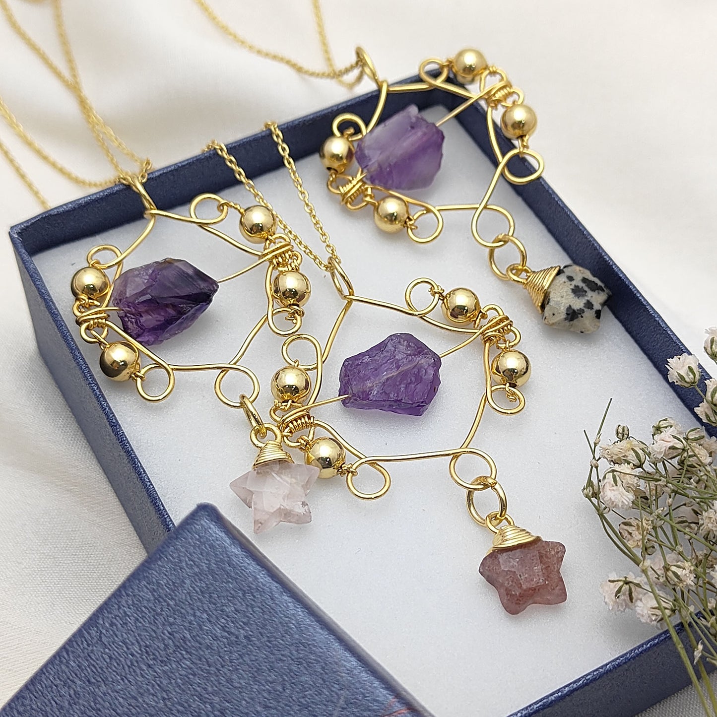Raw Amethyst Crystal Necklace with Gold Star Charm Celestial-Inspired Bohemian Handmade Jewelry- Selling Per Piece