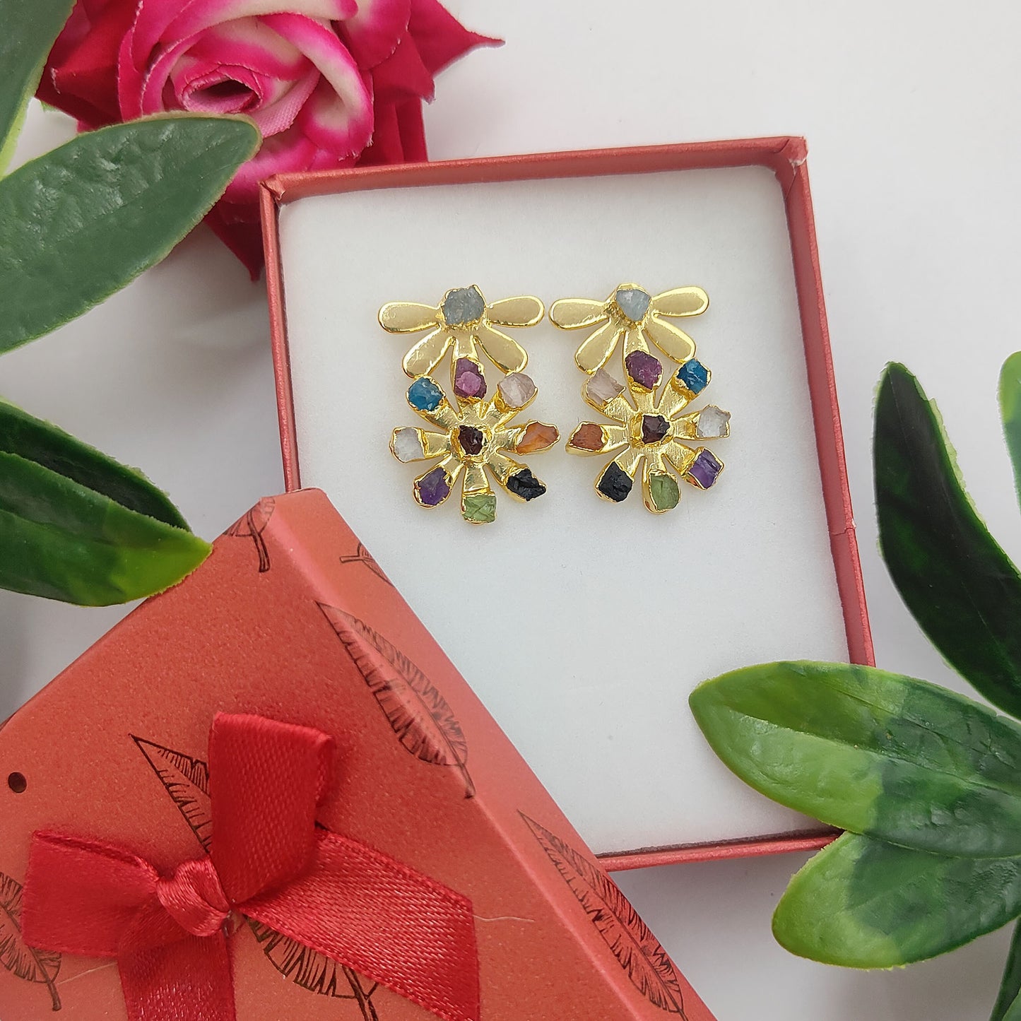 Multi-Color Birthstone Flower Stud Earrings Raw Gemstone Bohemian Jewelry Perfect Handmade Gift- Selling Per Pair