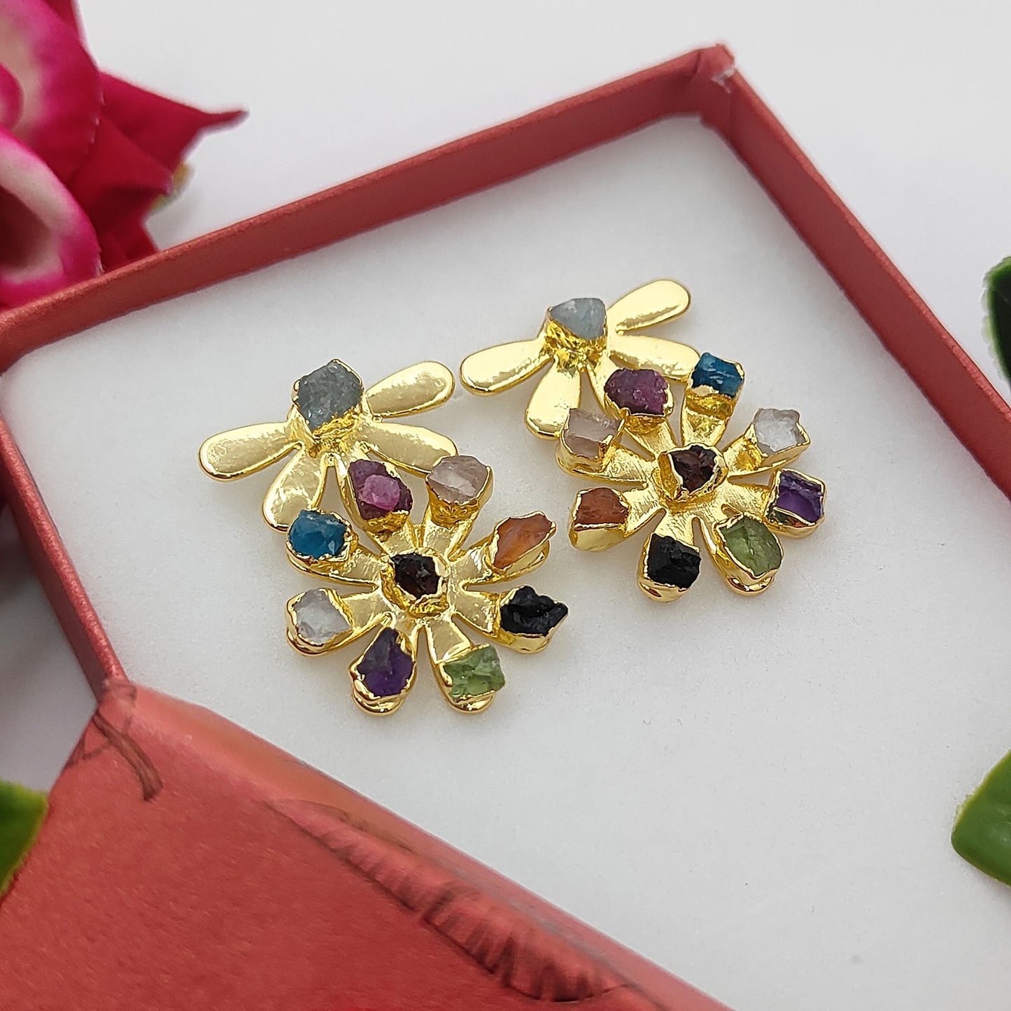 Multi-Color Birthstone Flower Stud Earrings Raw Gemstone Bohemian Jewelry Perfect Handmade Gift- Selling Per Pair