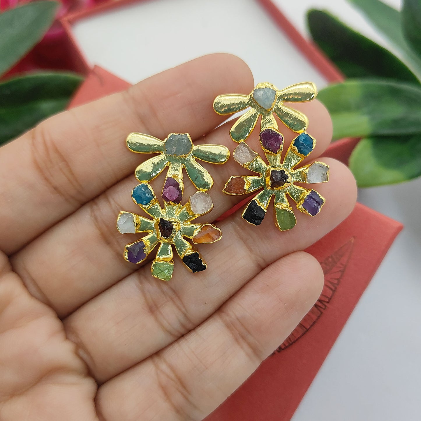 Multi-Color Birthstone Flower Stud Earrings Raw Gemstone Bohemian Jewelry Perfect Handmade Gift- Selling Per Pair