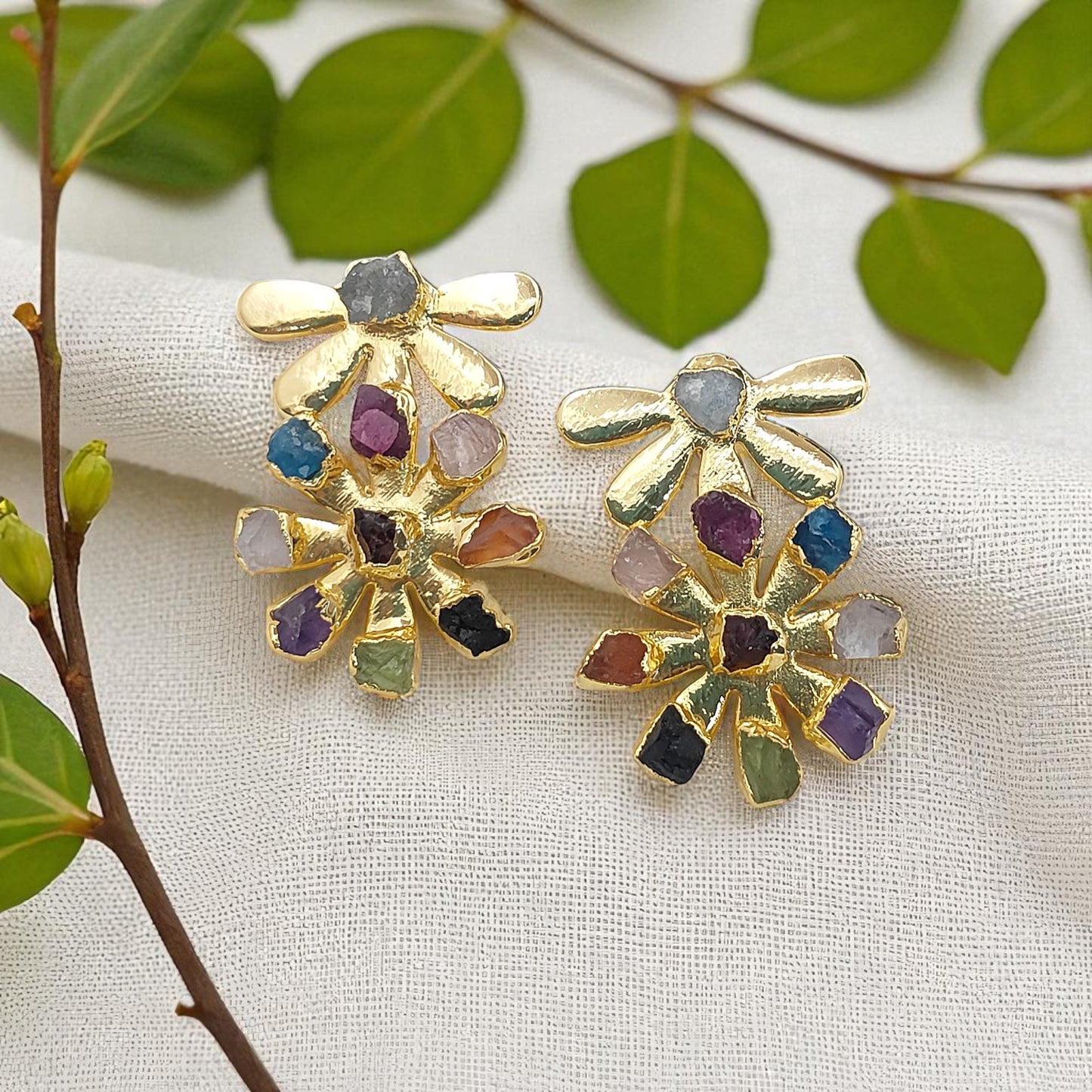 Multi-Color Birthstone Flower Stud Earrings Raw Gemstone Bohemian Jewelry Perfect Handmade Gift- Selling Per Pair