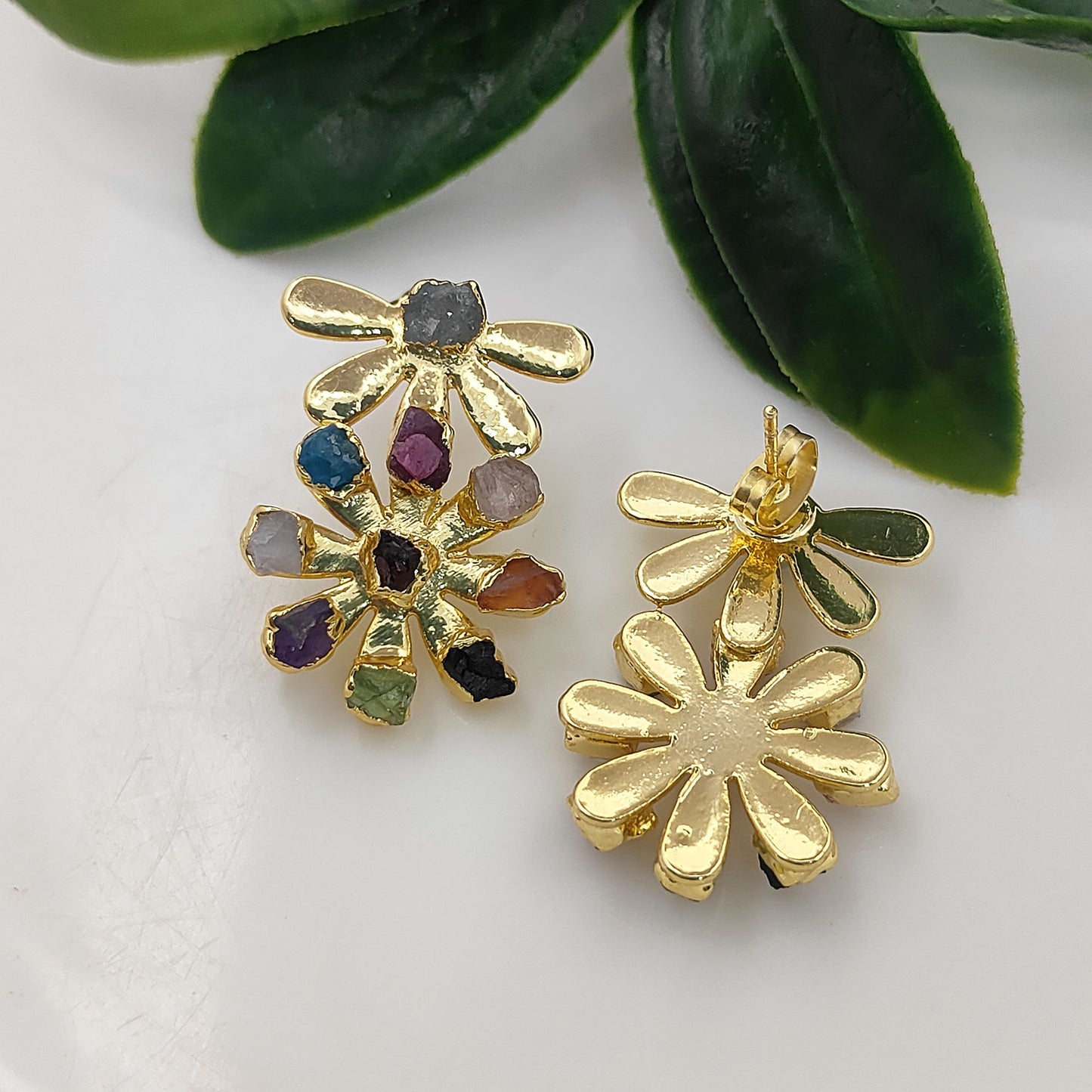 Multi-Color Birthstone Flower Stud Earrings Raw Gemstone Bohemian Jewelry Perfect Handmade Gift- Selling Per Pair
