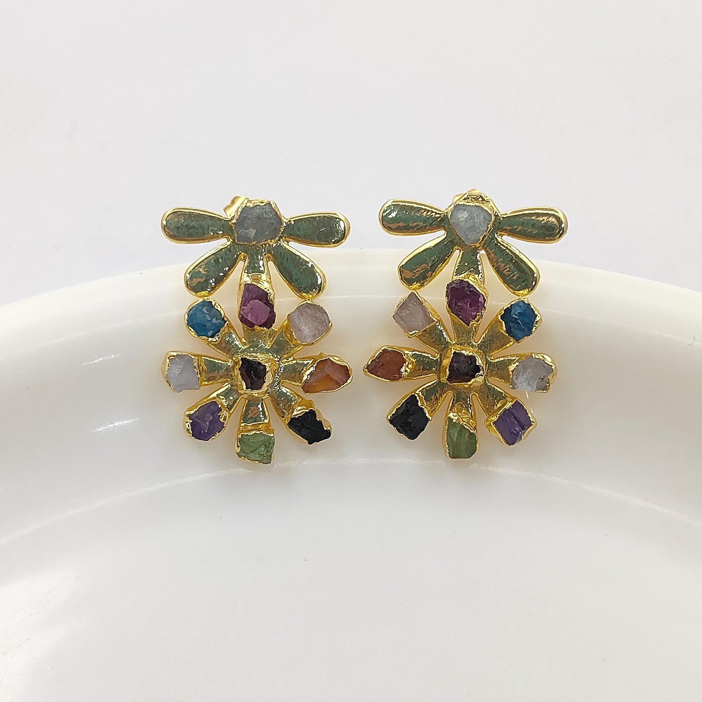 Multi-Color Birthstone Flower Stud Earrings Raw Gemstone Bohemian Jewelry Perfect Handmade Gift- Selling Per Pair