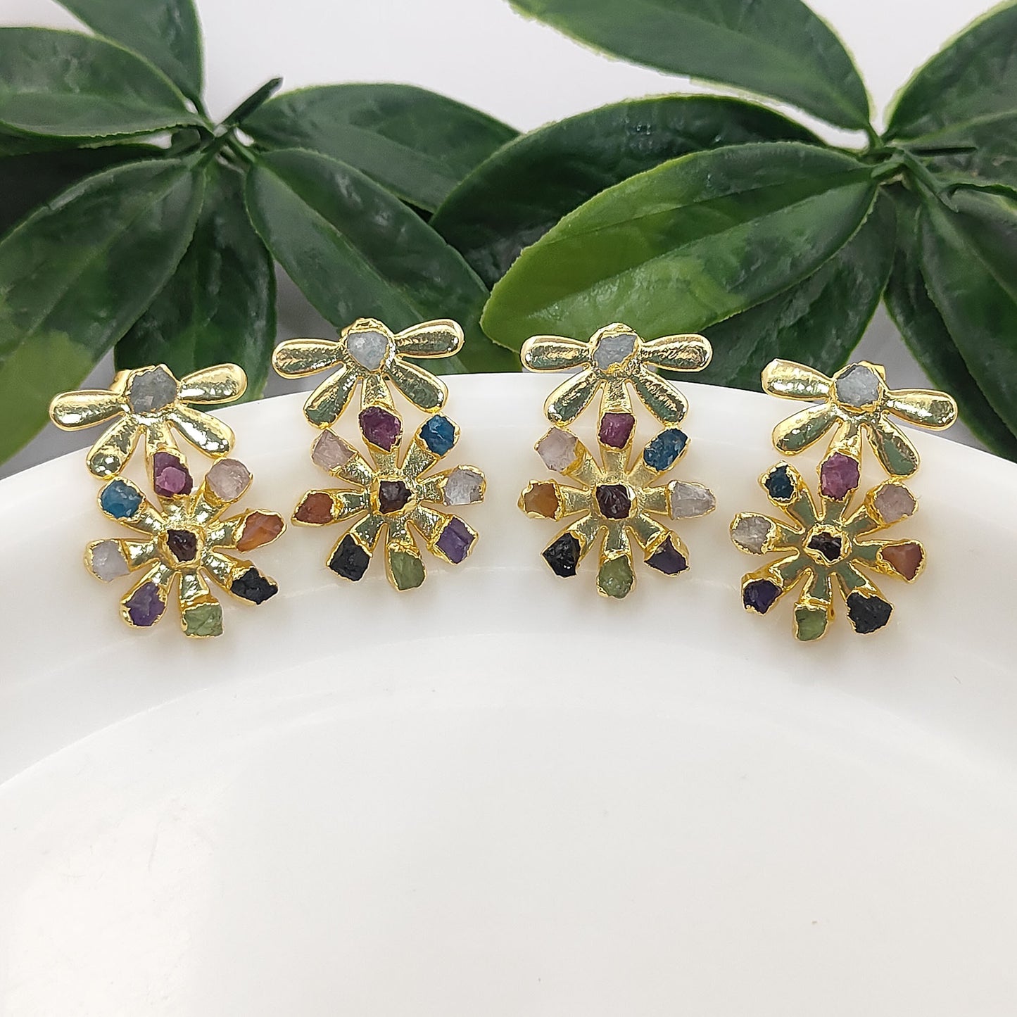 Multi-Color Birthstone Flower Stud Earrings Raw Gemstone Bohemian Jewelry Perfect Handmade Gift- Selling Per Pair