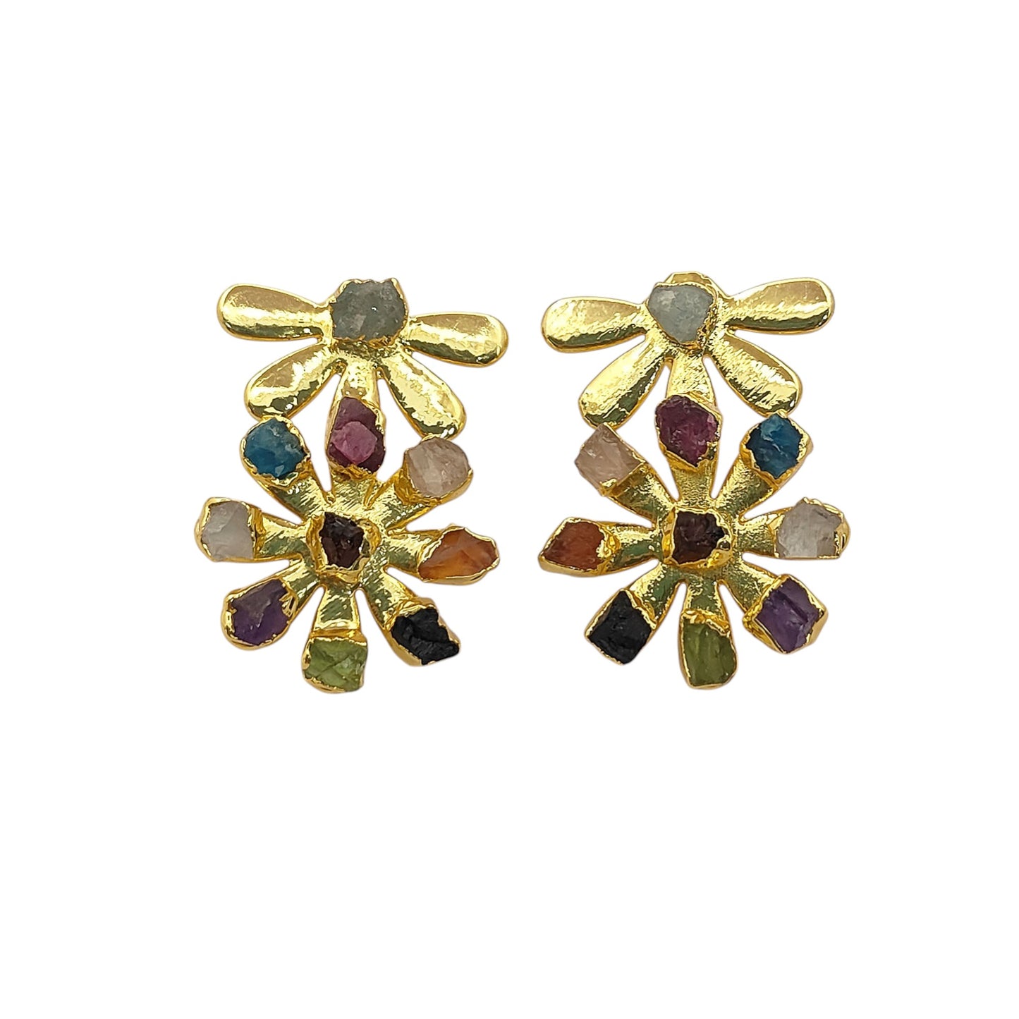 Multi-Color Birthstone Flower Stud Earrings Raw Gemstone Bohemian Jewelry Perfect Handmade Gift- Selling Per Pair