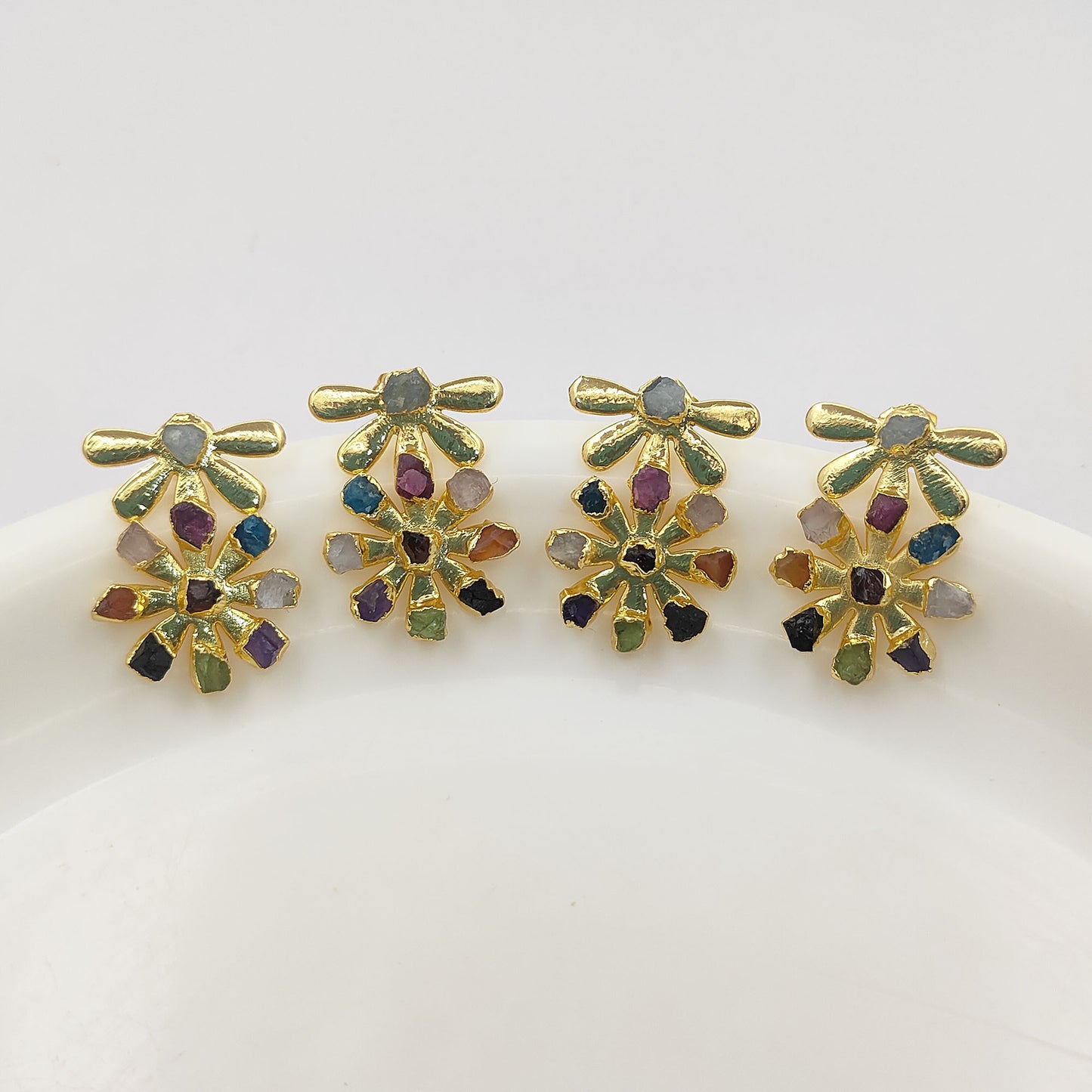 Multi-Color Birthstone Flower Stud Earrings Raw Gemstone Bohemian Jewelry Perfect Handmade Gift- Selling Per Pair