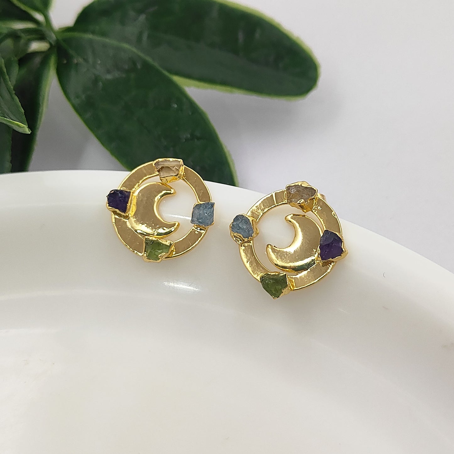 Raw Crystal Crescent Half Moon Stud Earrings Celestial-Inspired Handmade Jewelry for Her- Selling Per Pair