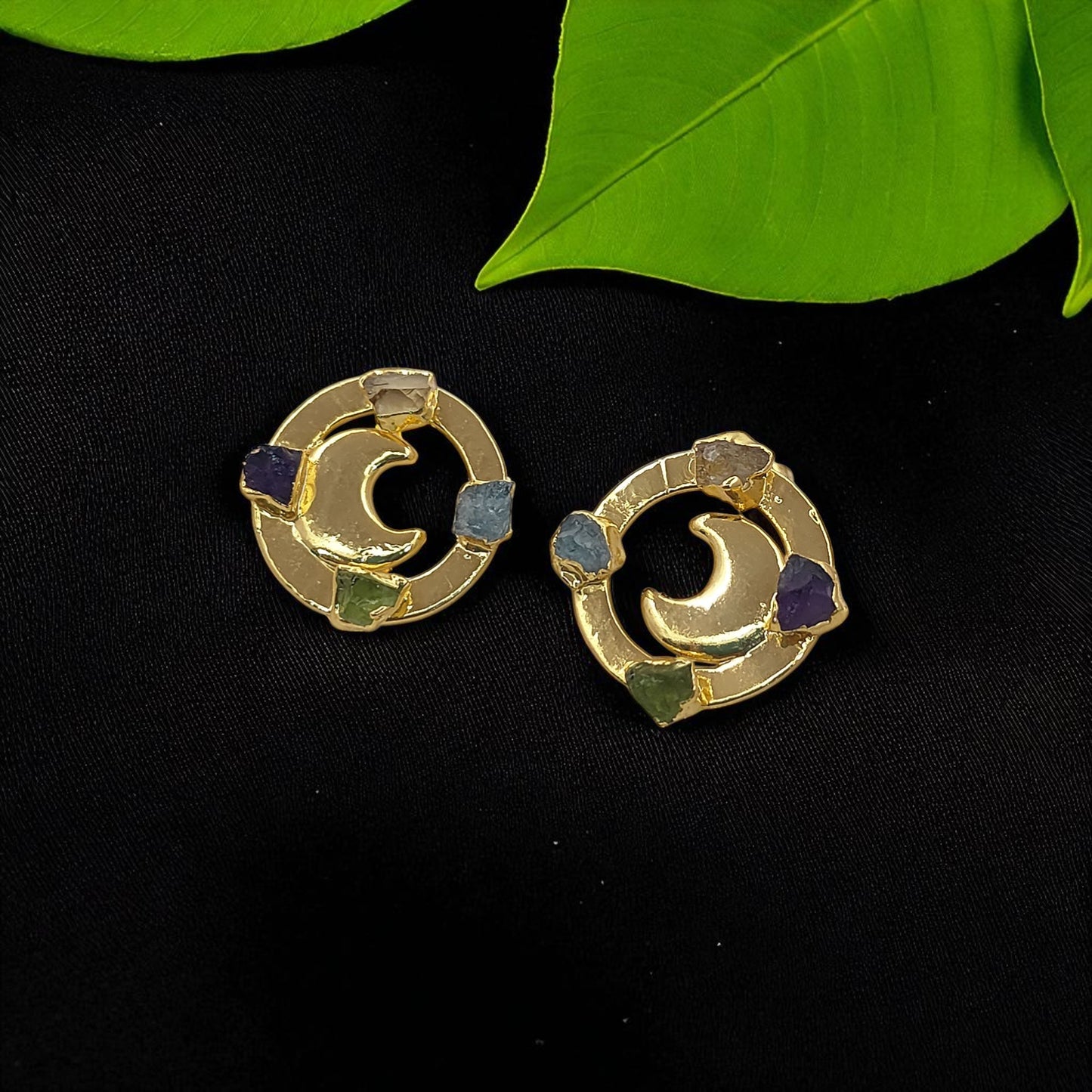 Raw Crystal Crescent Half Moon Stud Earrings Celestial-Inspired Handmade Jewelry for Her- Selling Per Pair