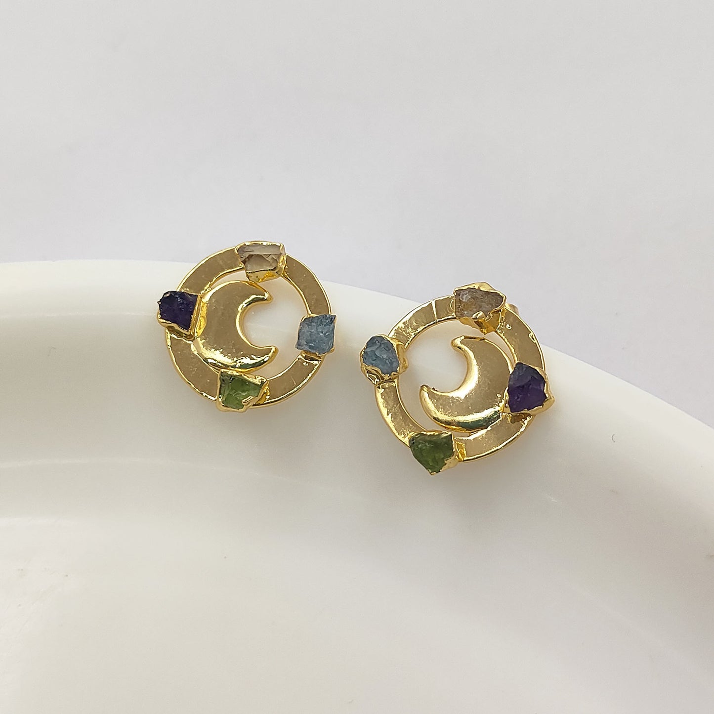 Raw Crystal Crescent Half Moon Stud Earrings Celestial-Inspired Handmade Jewelry for Her- Selling Per Pair