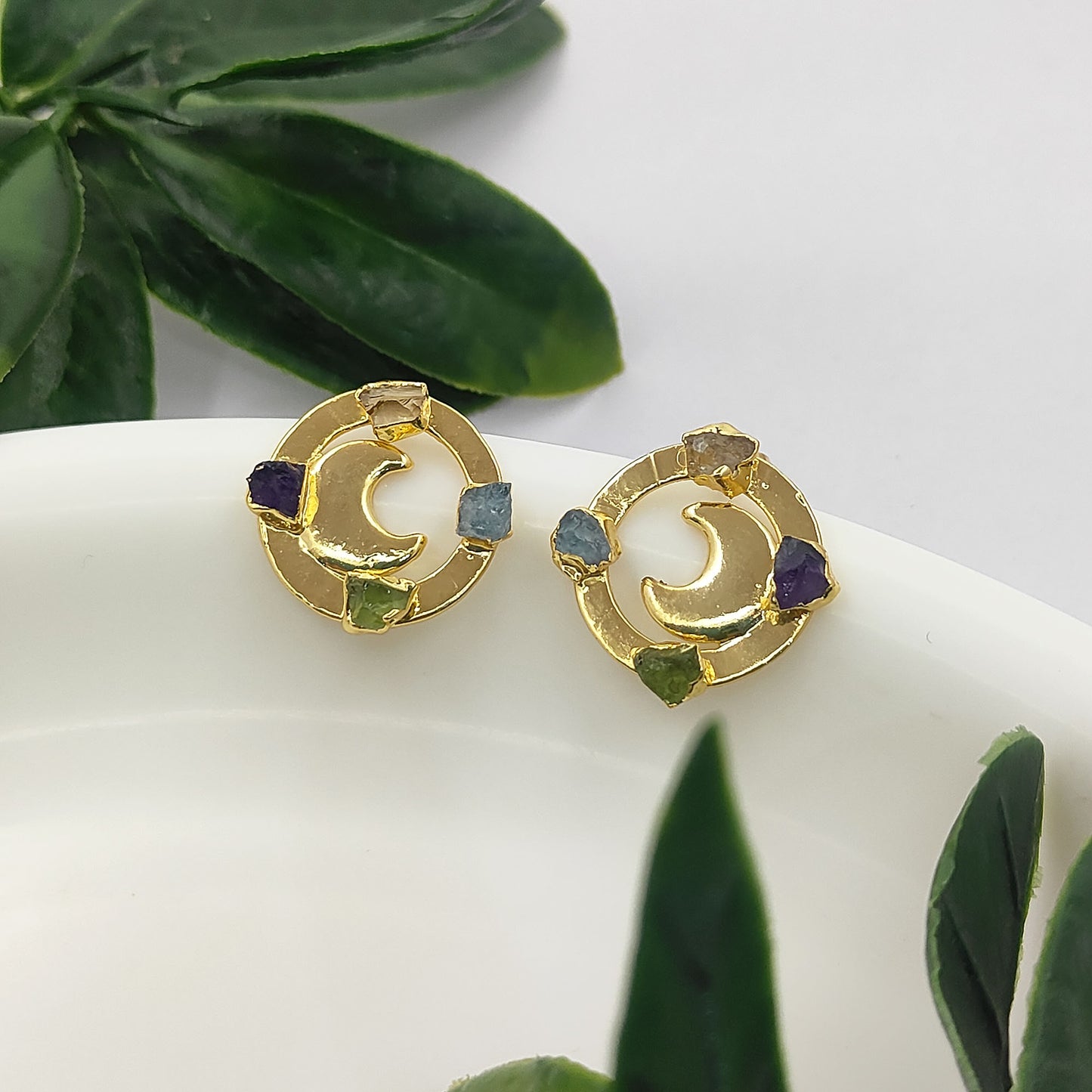 Raw Crystal Crescent Half Moon Stud Earrings Celestial-Inspired Handmade Jewelry for Her- Selling Per Pair